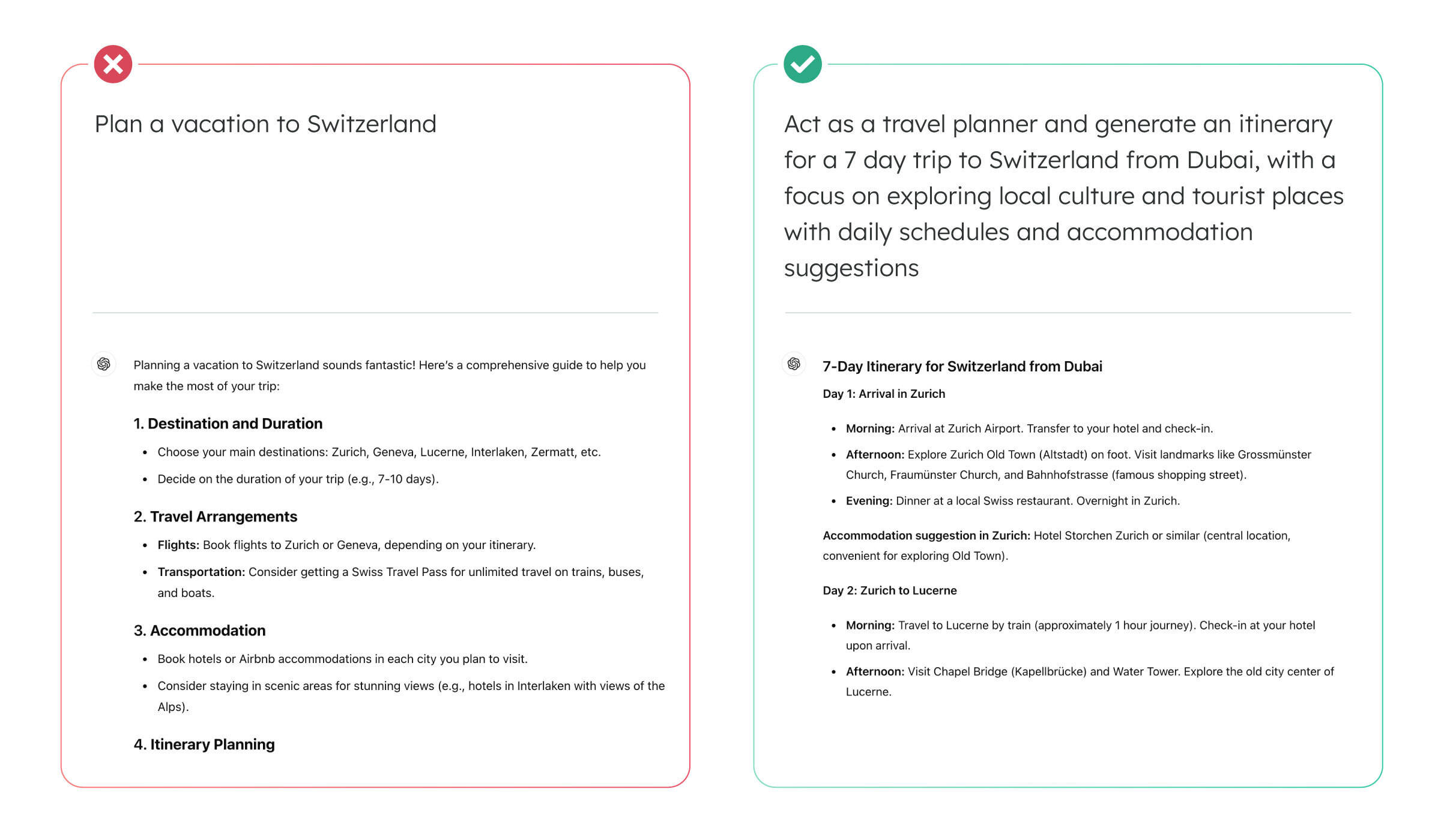 Example illustrating a good and bad prompt for vacation booking