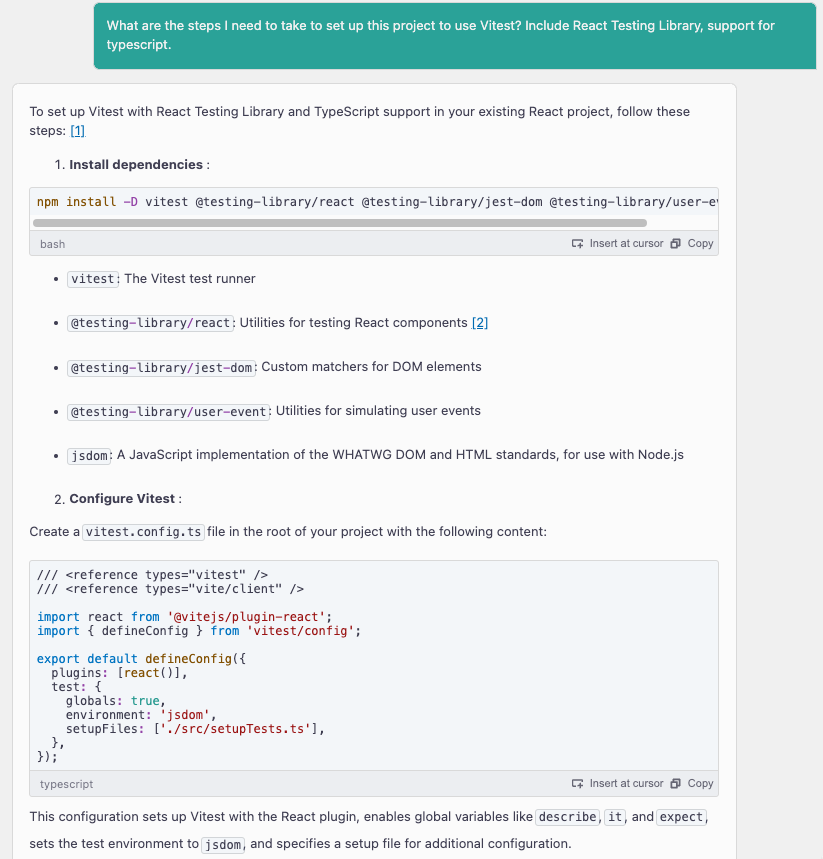Amazon Q prompt asking what the steps are to setup Vitest in this project.