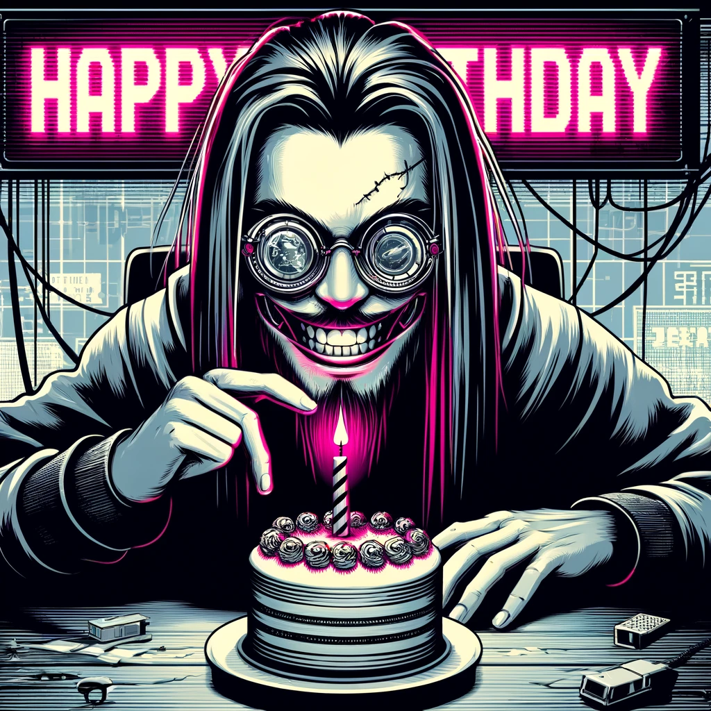 a cyberpunk half-man-half-machine being is looking with a grin at a cake, a sign of a neon happy birthday is behind him