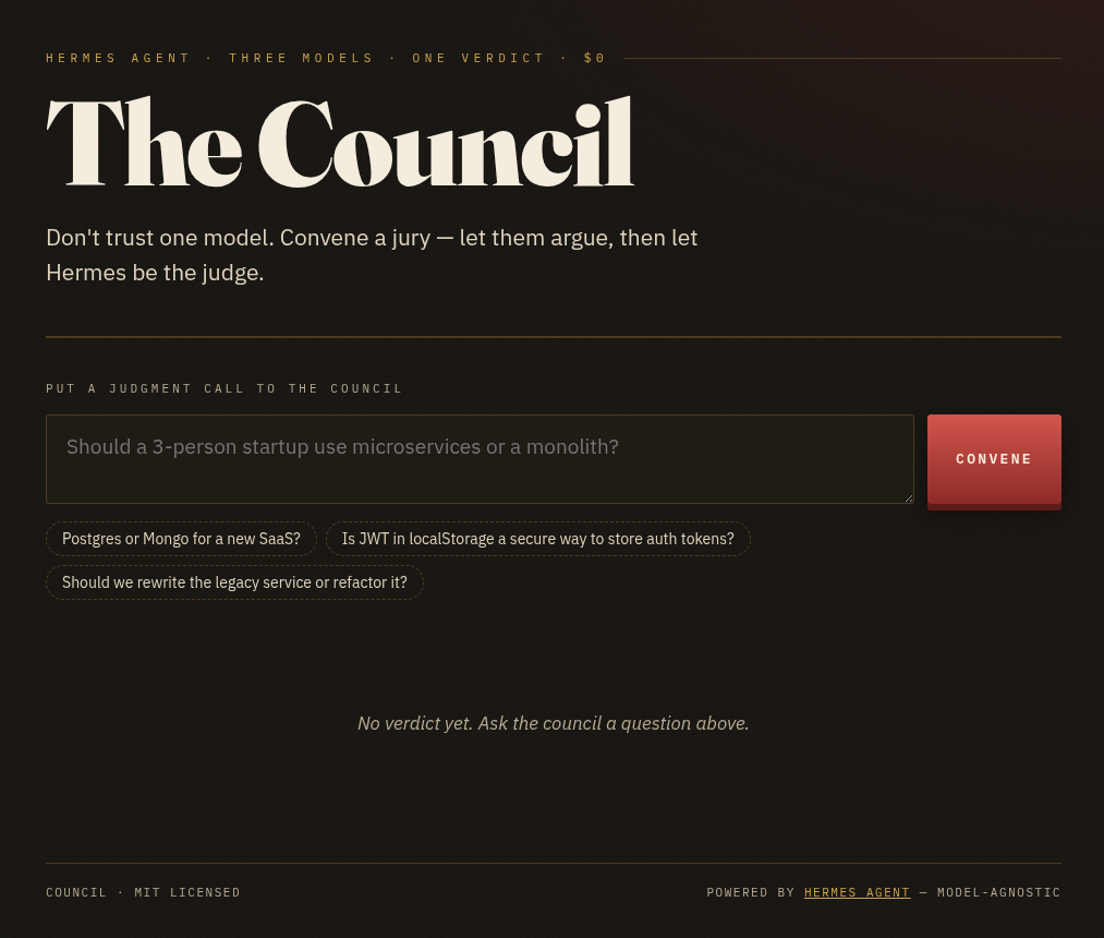 The Council home screen: one input box, a model-agnostic jury behind it