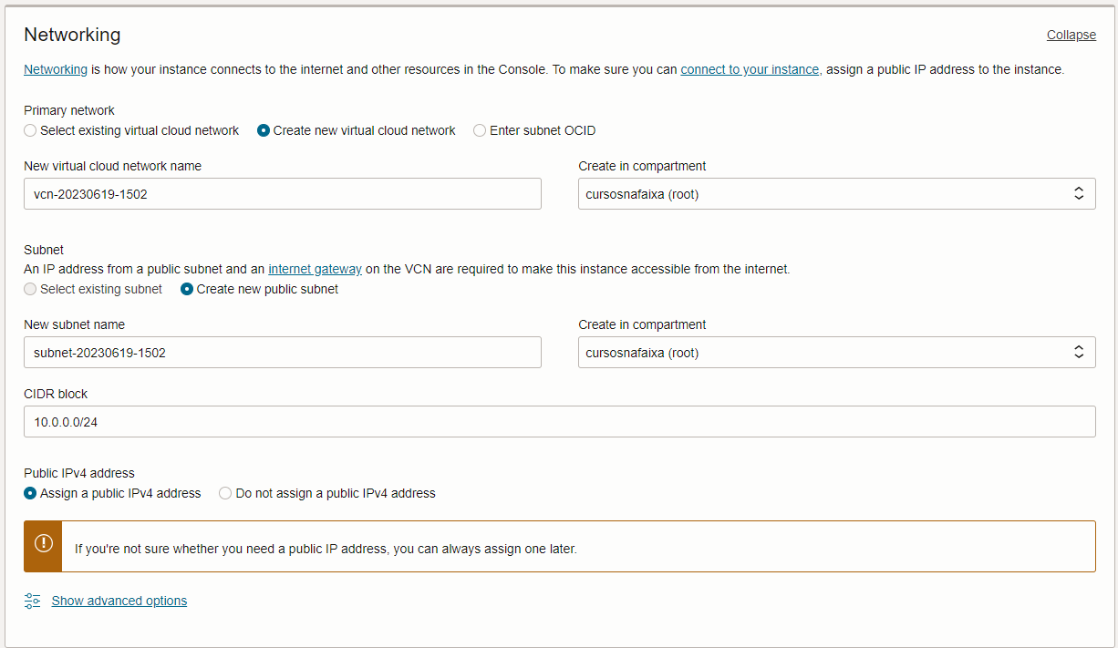 Tela de instâncias - selecionando networking