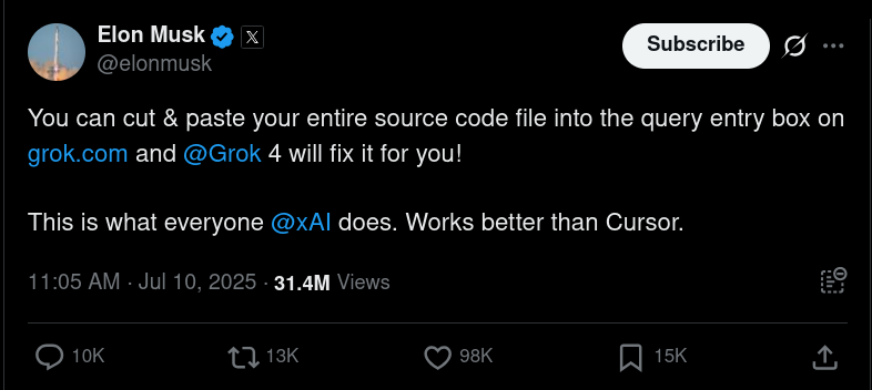 Elon 必須聲稱 Grok 4 比 Cursor 更好