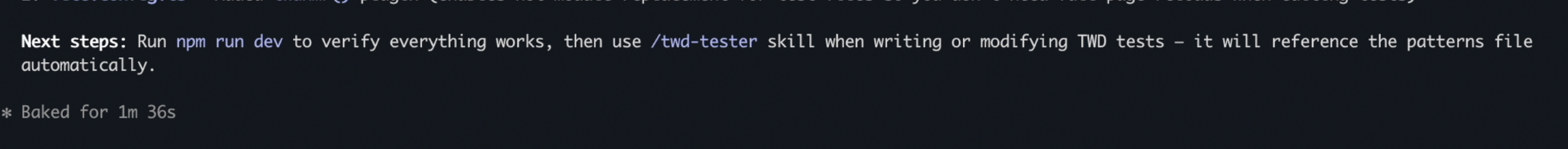 Message recomendating the next step using the twd-tester skill