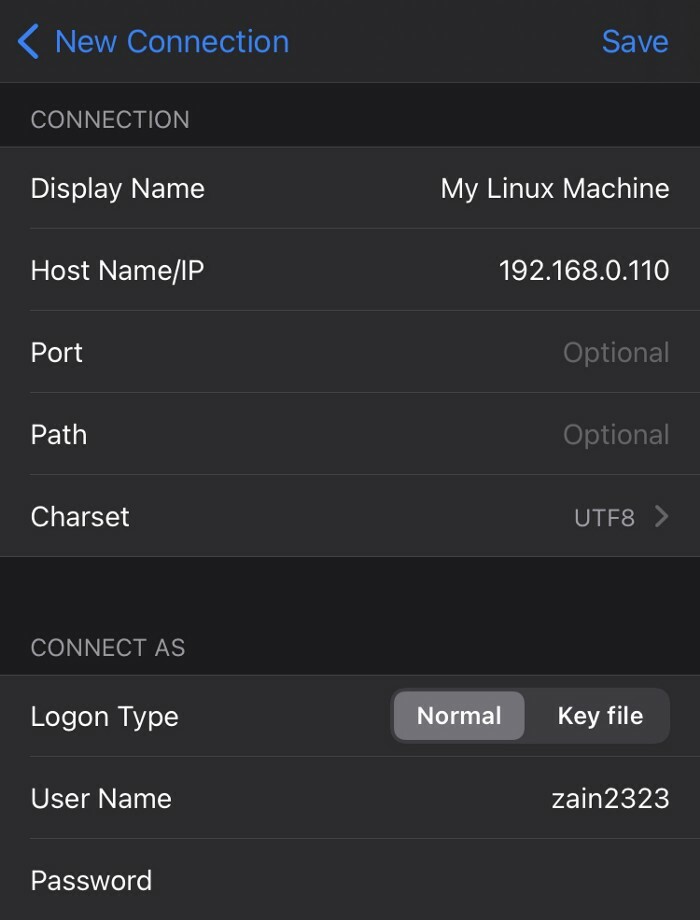 Image displaying the new connection details