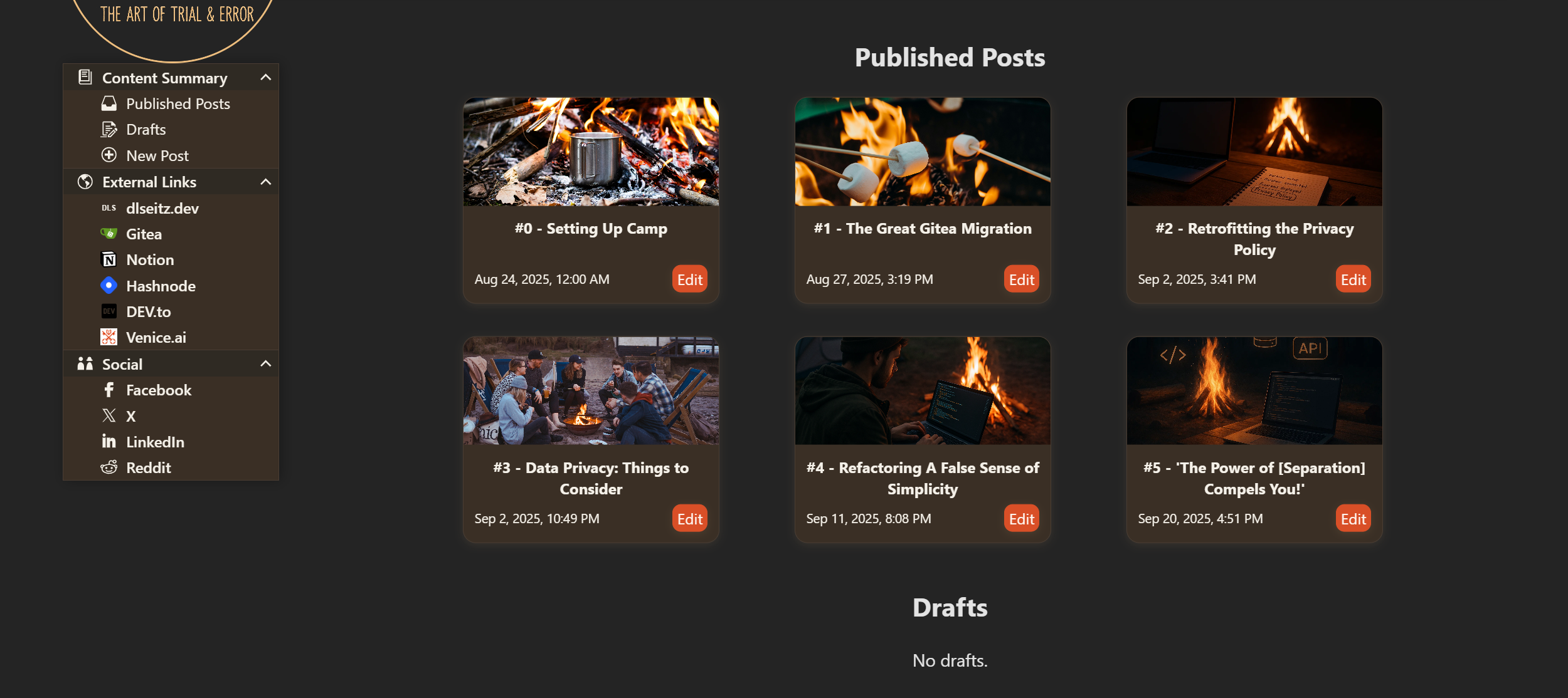A demonstration of blog post cards, organized in a grid in the Campfire Logs CMS application.