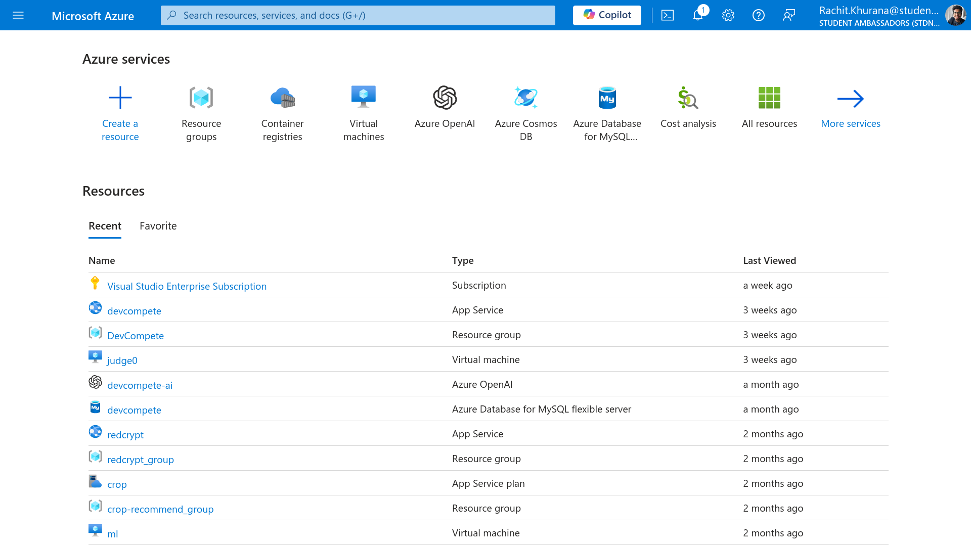 Azure Portal Homescreen