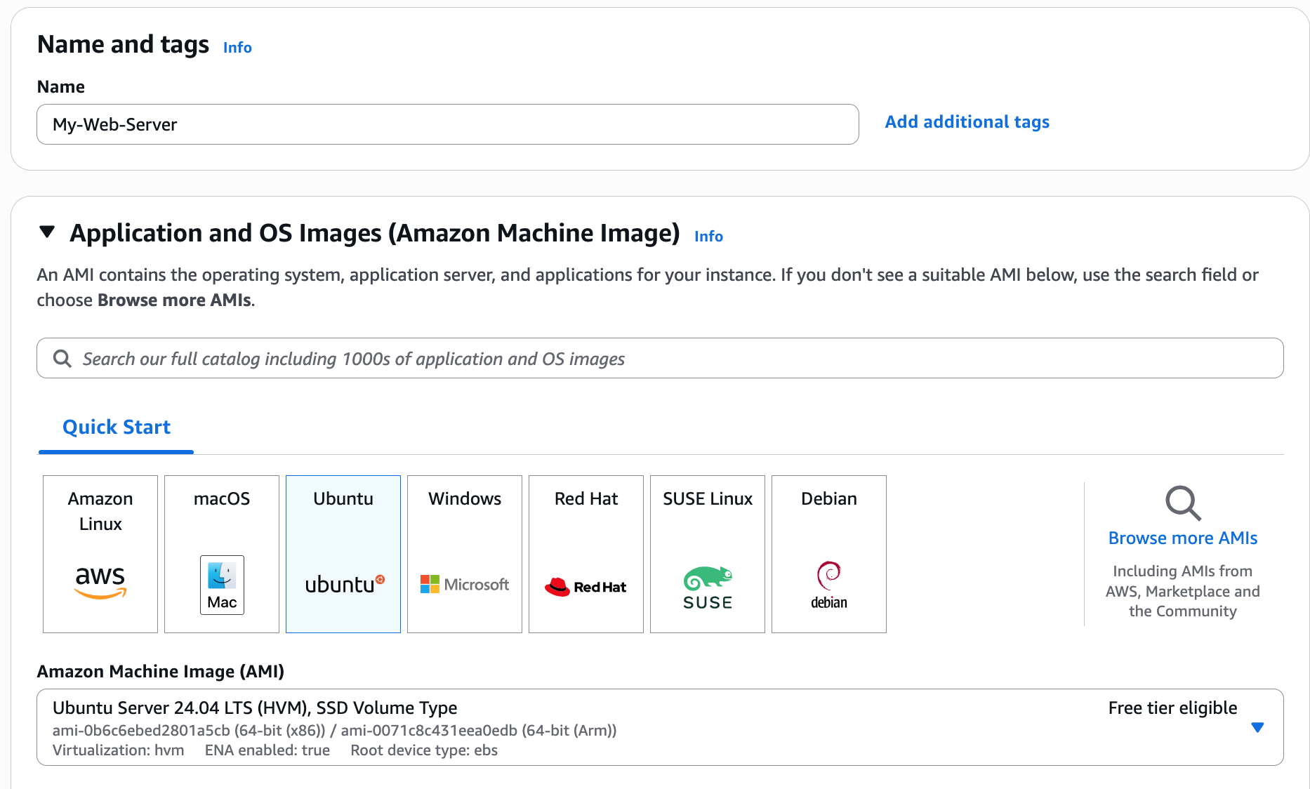 EC2 launch wizard showing server name and Ubuntu OS image selection