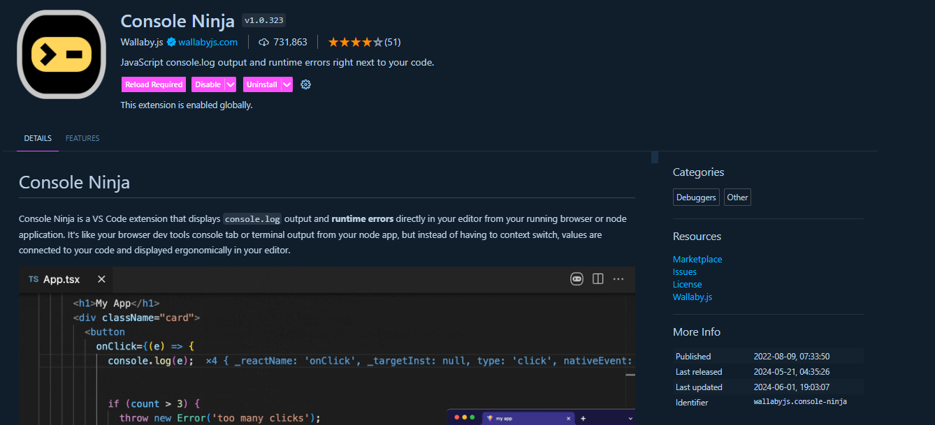 Image of the VScode extension called Console Ninja