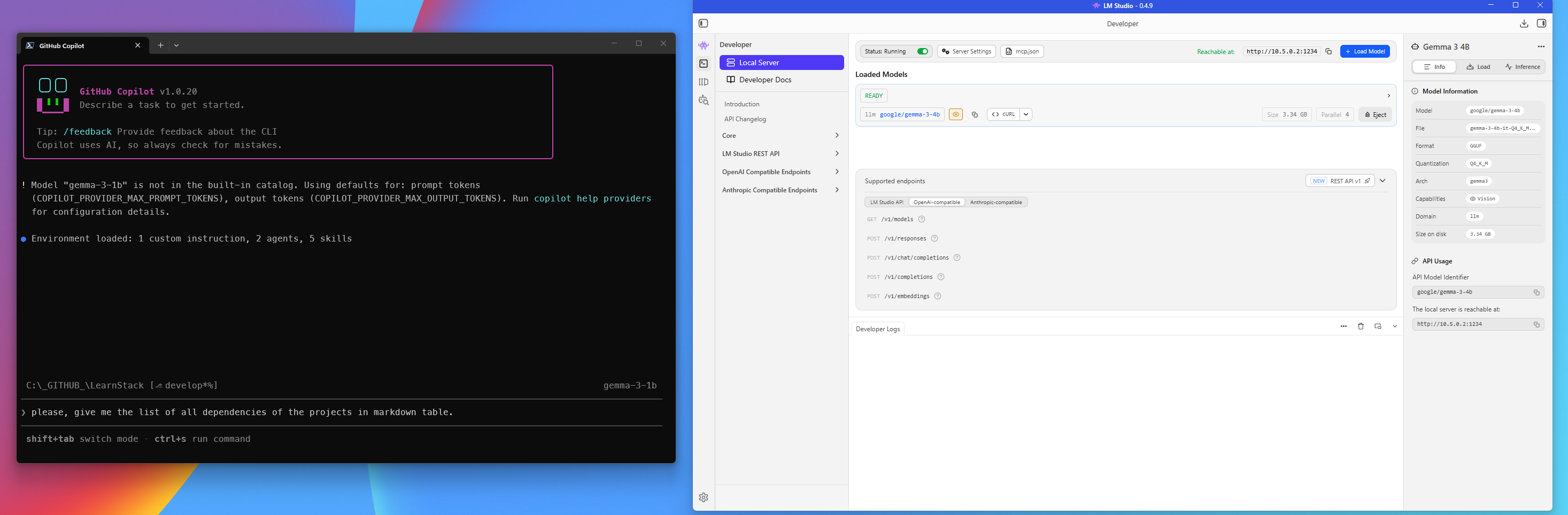 CLI and LM Studio togheter on the screen