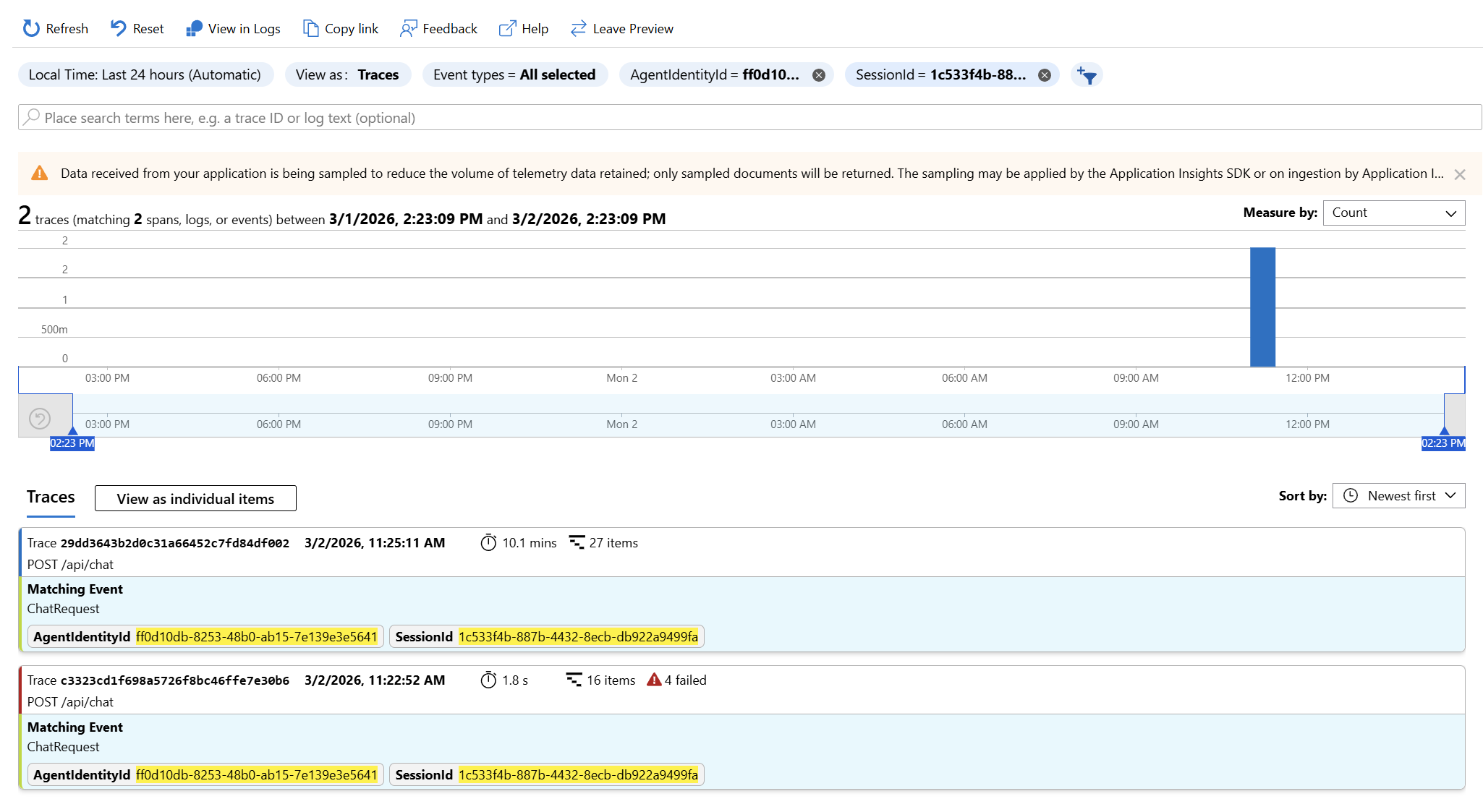 <strong>Screenshot:</strong> The Application Insights Transaction search view filtered to custom events. Each <code>ChatRequest</code> and <code>ToolCall</code> entry shows <code>AgentIdentityId</code> and <code>SessionId</code> in the custom dimensions pane.