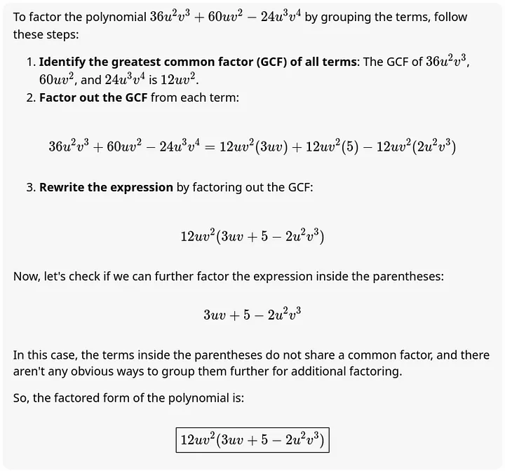 GPT solution of Algebraic Expressions problem