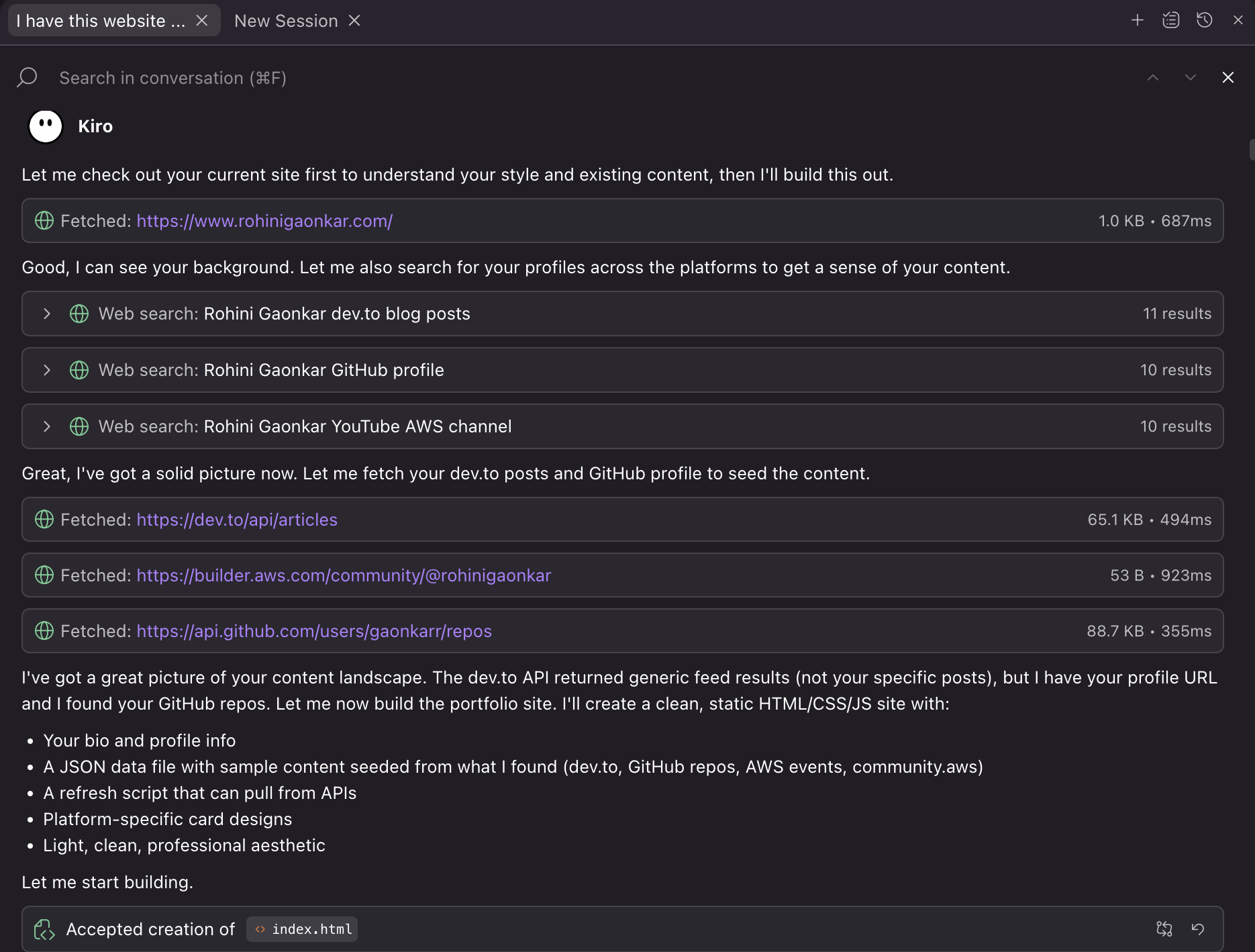 Screenshot: Kiro web search results finding your profiles web-search