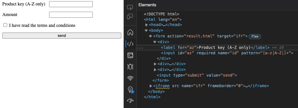 Screen recording of a demo of a form preventing submission and Console working around it