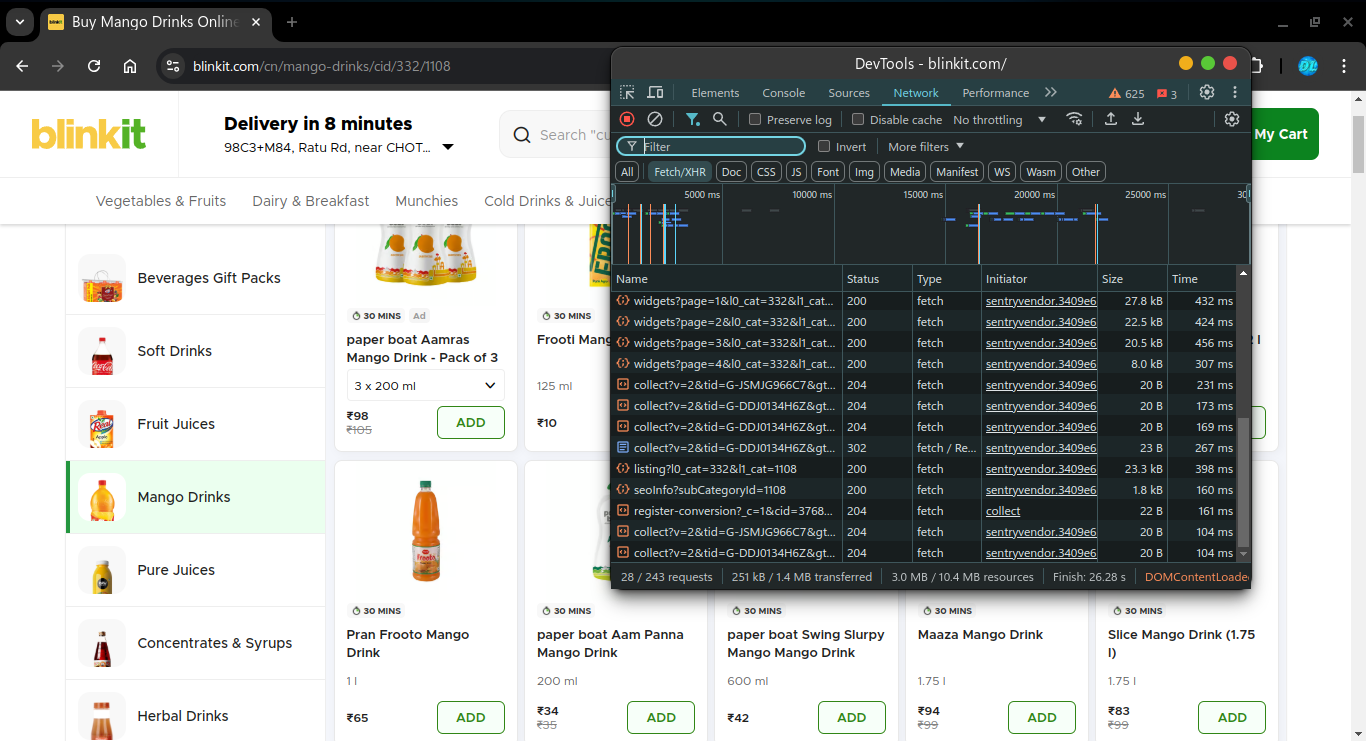 Inspect Elements and Blinkit opened