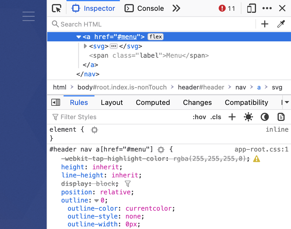 Source code showing outline set to zero on focused burger menu
