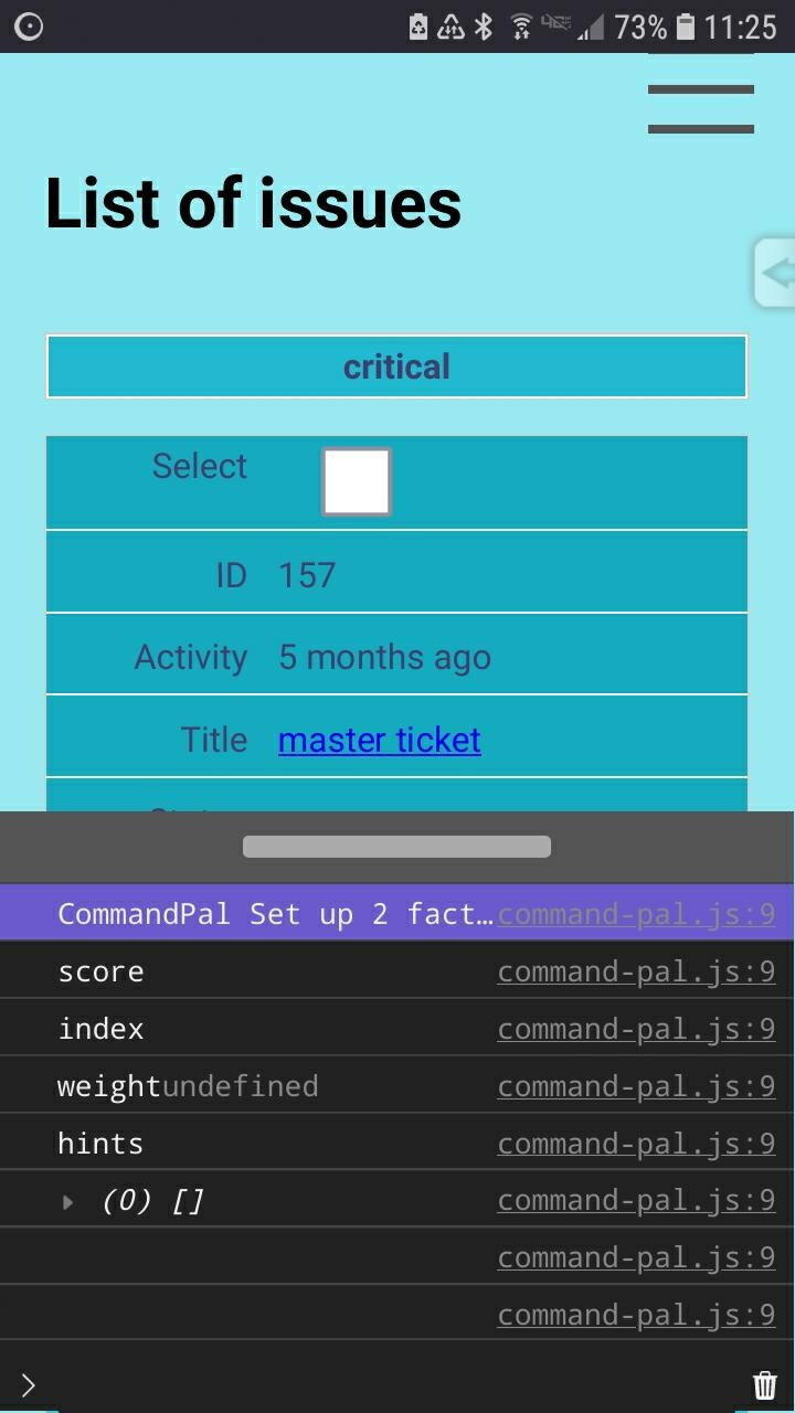 Phone screenshot showing the MobileConsole displayed on the bottom half of the screen. The top half displays a web page. There is a movable divider between the two. The console is showing log messages from the page along with the line number where they were logged