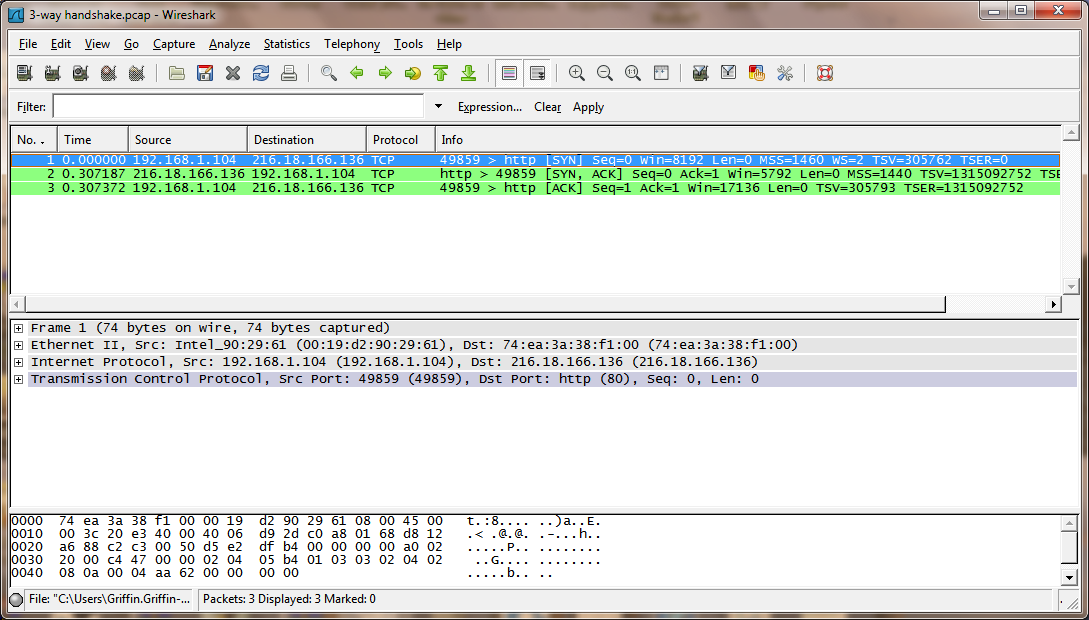 Wireshark filter showing TCP packet exchange in a 3-way handshake