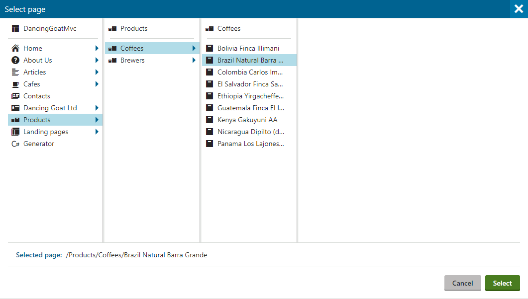 The Page Selector form component in Kentico Xperience 12