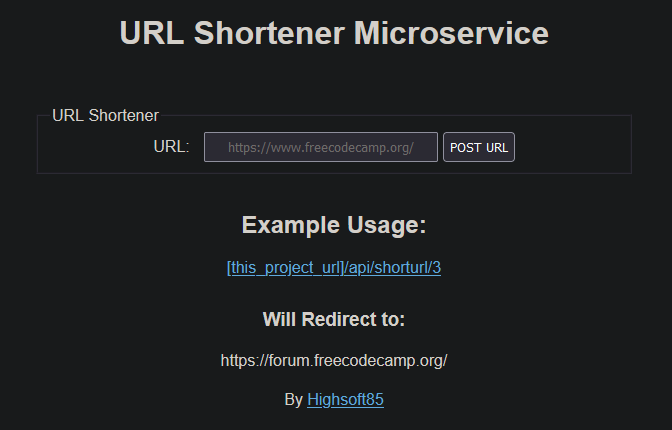 Screen for URL Shortener Microservice project