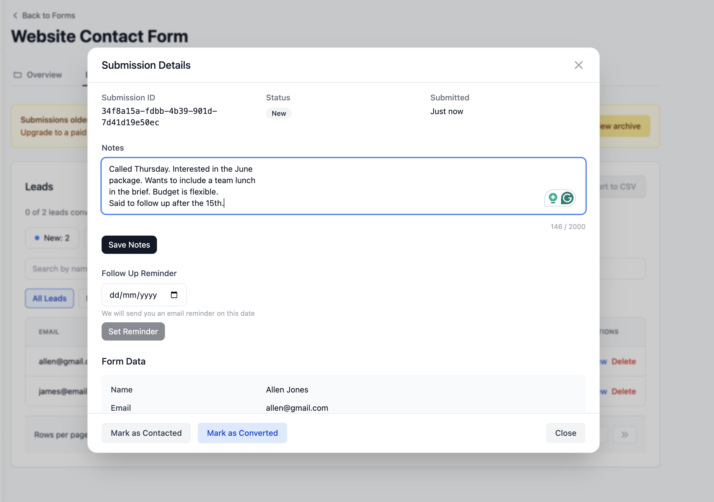 Lead detail view showing notes field in Formgrid