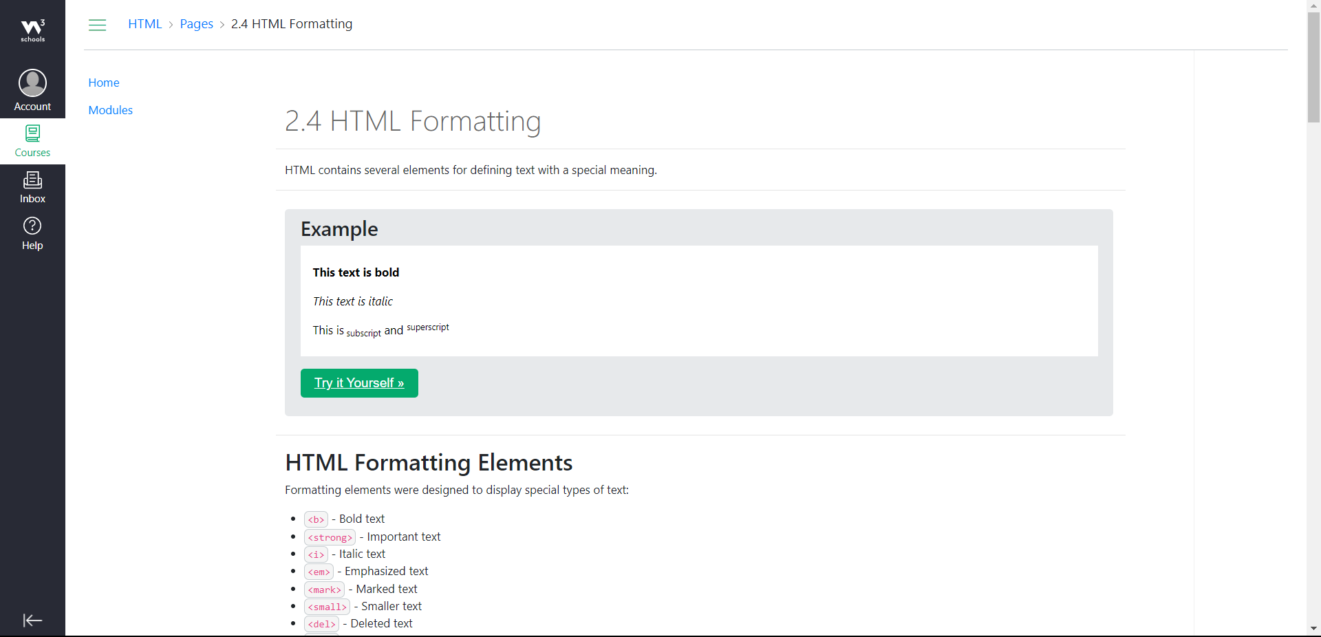 W3Schools HTML course lesson