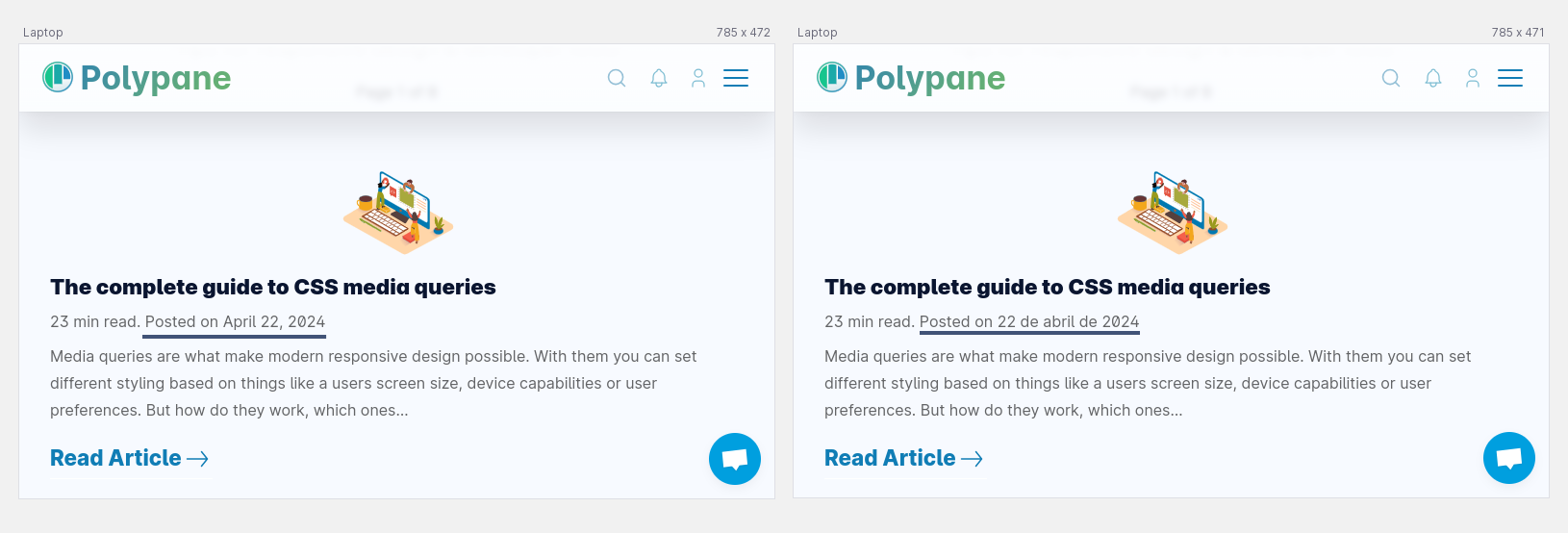 Two panes, one with an English date and one with a Spanish date.