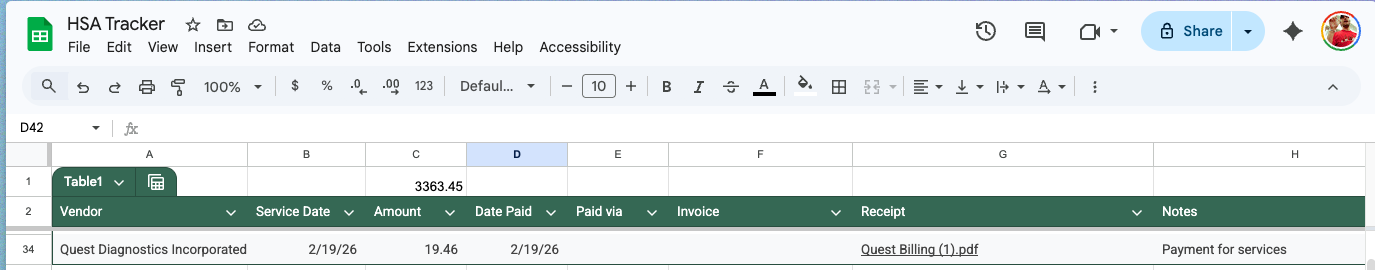 HSA receipt tracker sheet