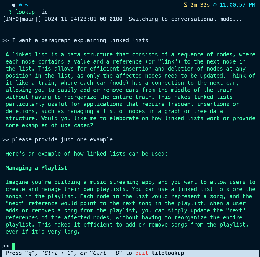 Image showing usage of litelookup in conversational mode