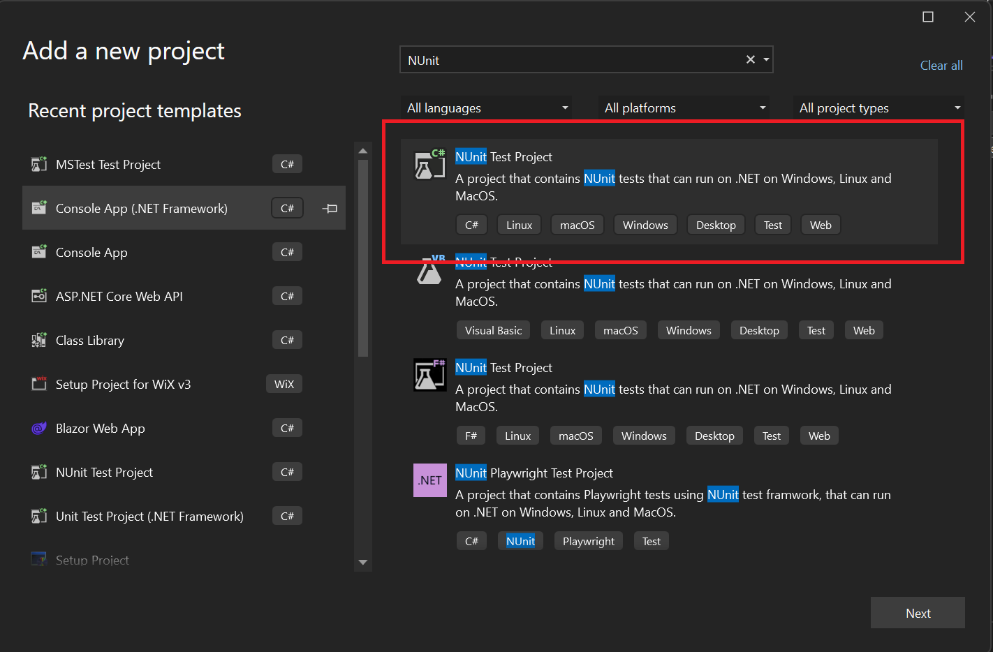 Configure Nunit project