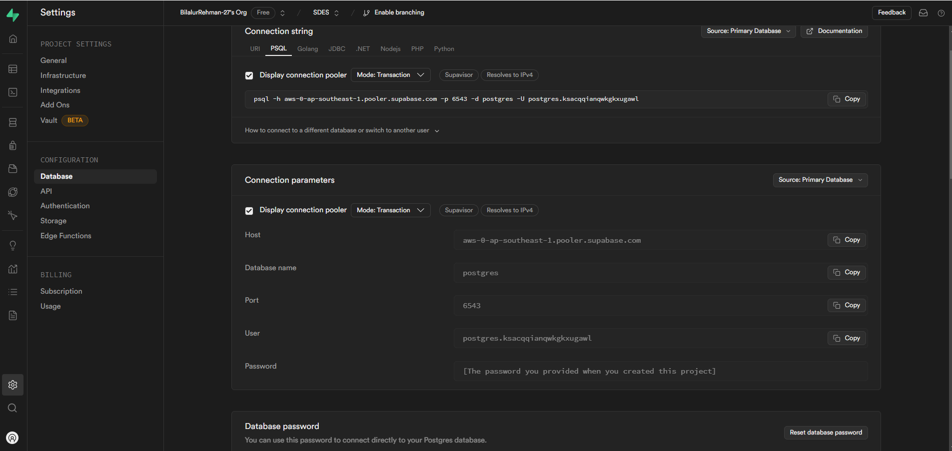 Supabase database section