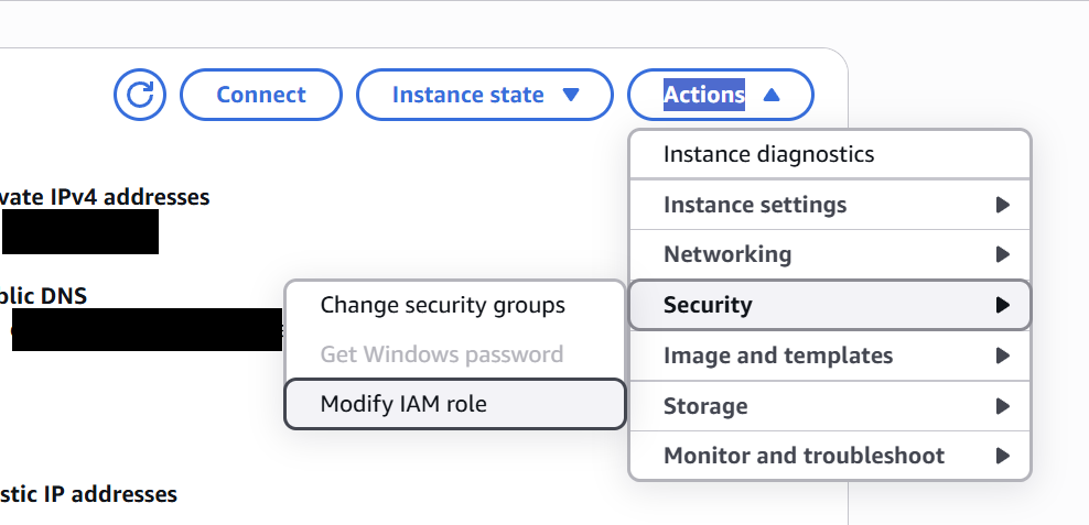 EC2 Actions menu showing the option to modify the IAM role