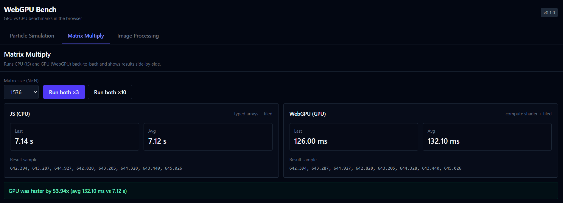 JS 與 WebGPU 基準測試:矩陣乘法。 WebGPU 完勝 JavaScript,速度快數倍。