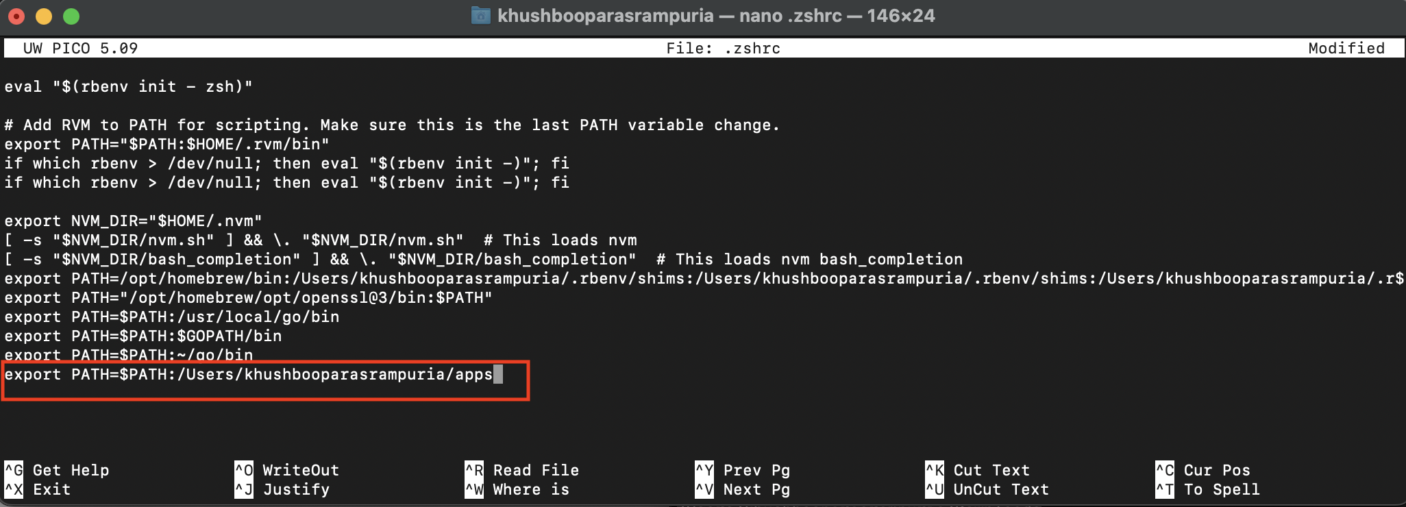 .zshrc screenshot showing how to add file path