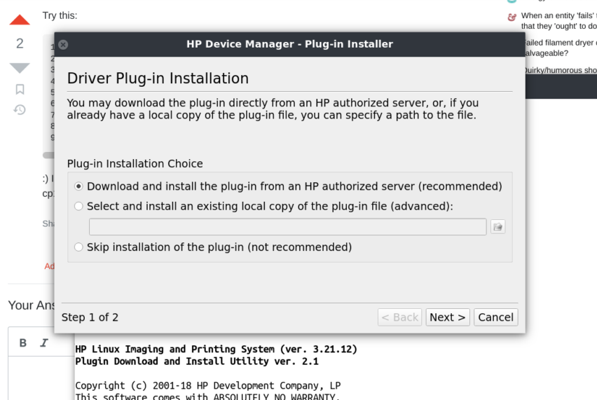 Screenshot of a Linux Hewlett Packard driver installation dialog with an AskUbuntu page in the background