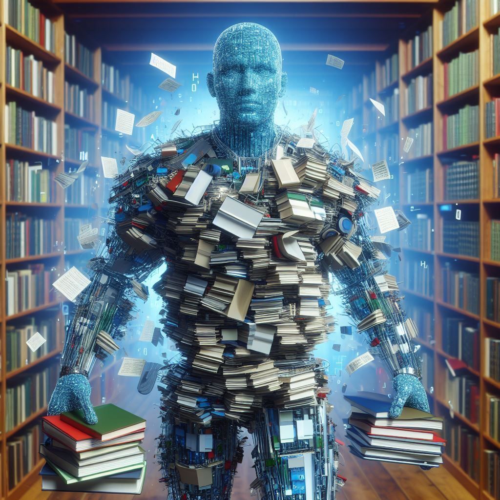 A machine turning into a human being with data and books behind it