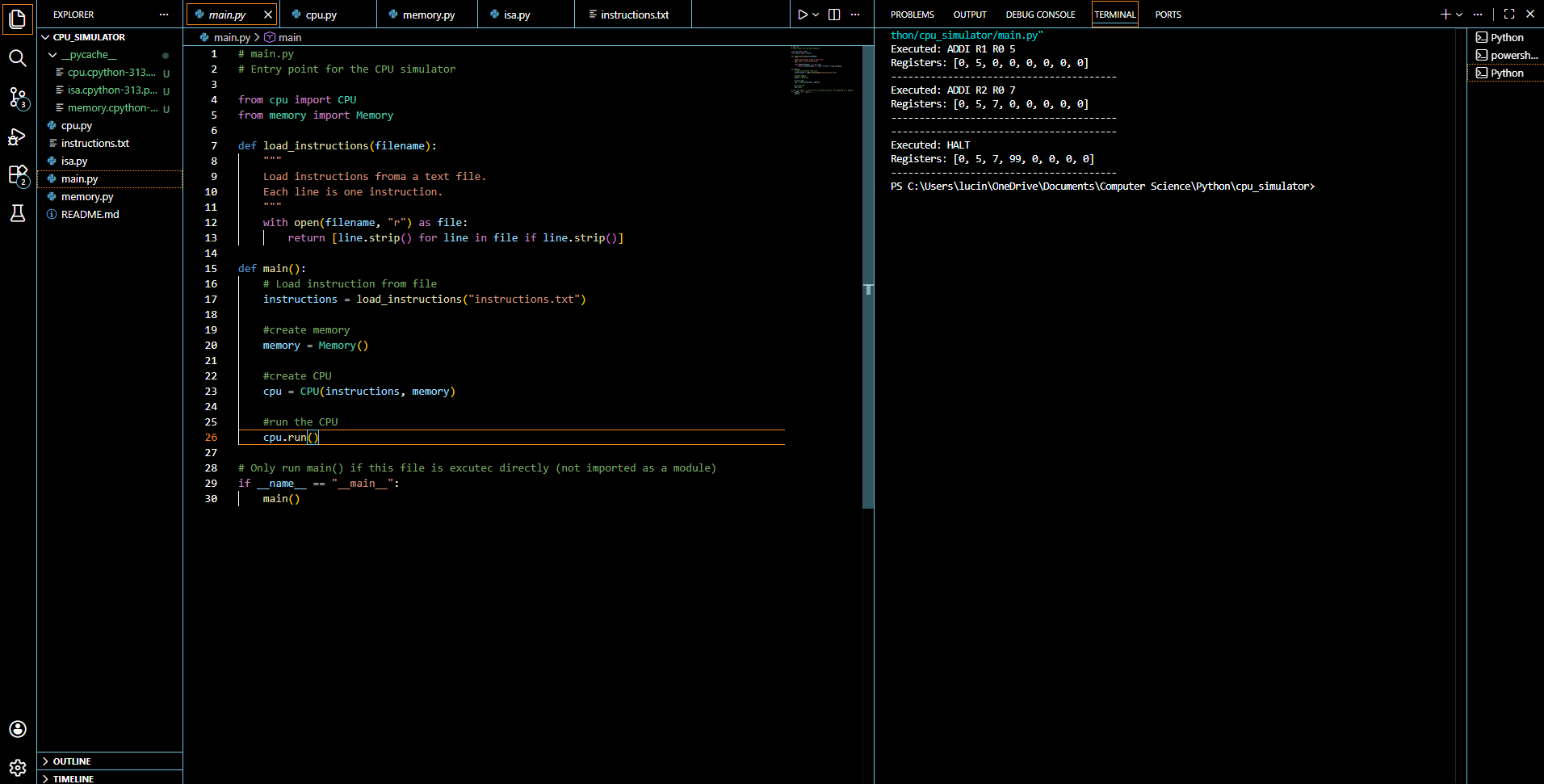 Demo of the simulator showing registers updating after each instruction