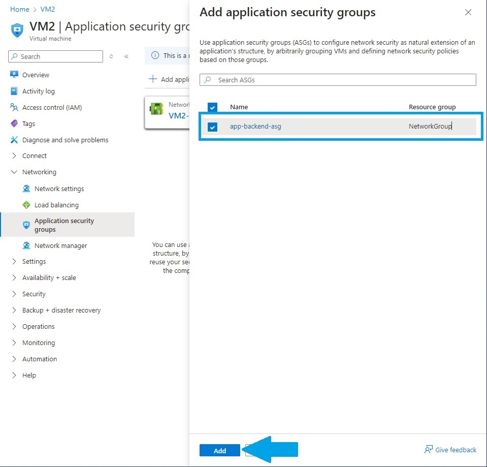 Adding the created application security group