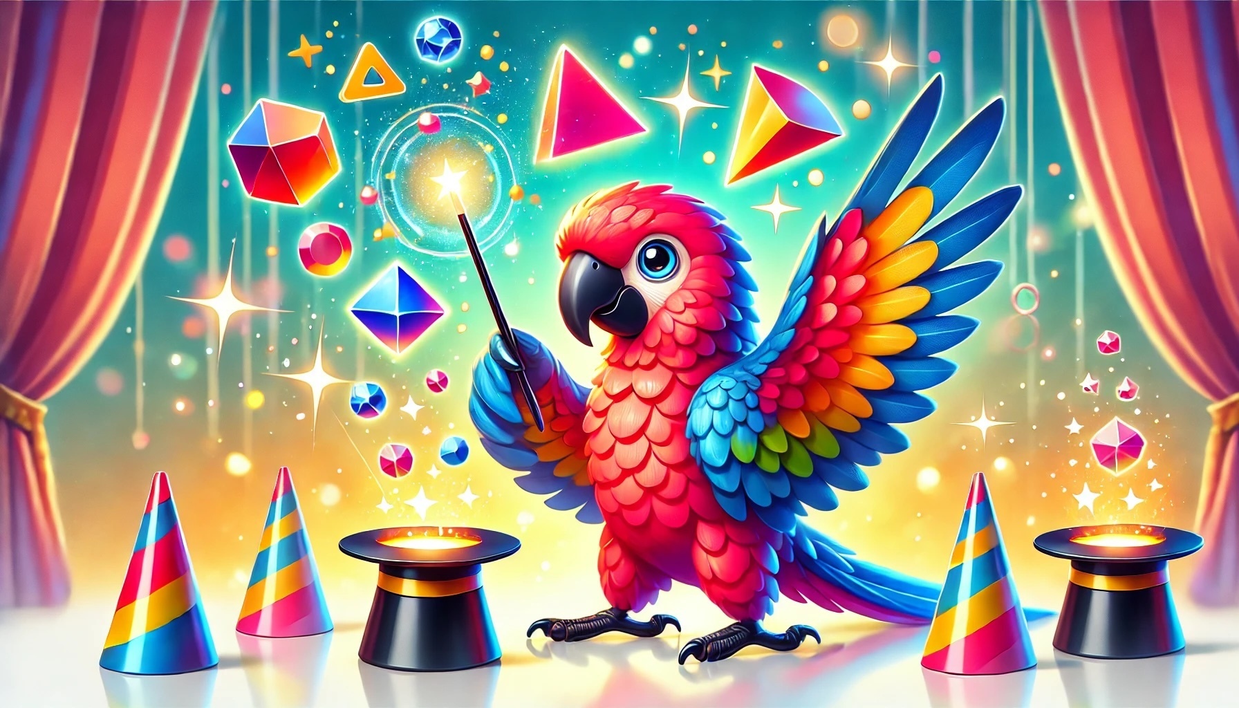 Parrot with a magic wand, creating new objects, like cylinders and cubes