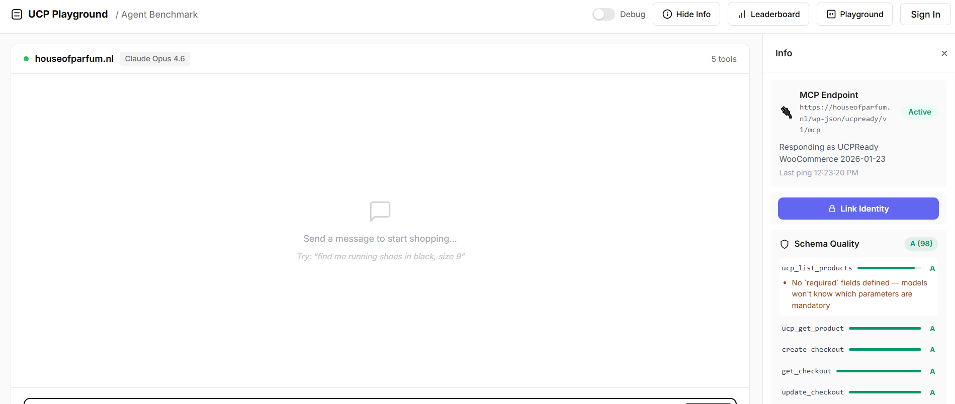 UCP Playground connected to houseofparfum.nl showing Link Identity button and Schema Quality score A 98
