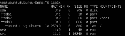 The partitions of the VM, now with the third partition having 68 GB.