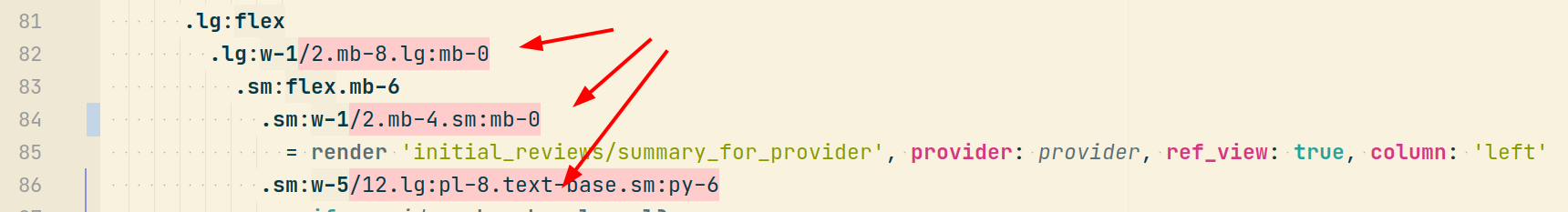 An old version of RubyMine marking a Tailwind class with a slash as an error