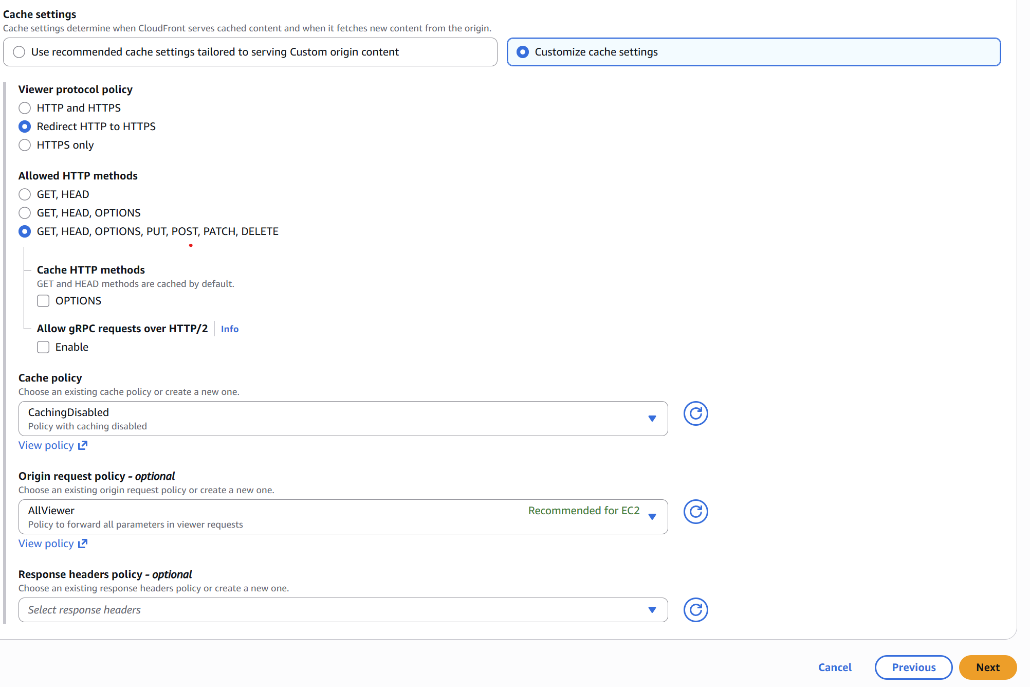 CloudFront cache settings with CachingDisabled selected