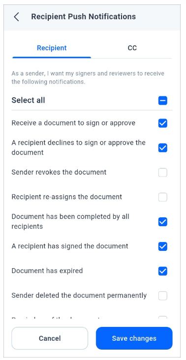 Updating your recipient push notification settings