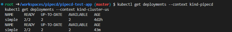 kubectl confirming simple 2/2 updated in both cluster-eu and cluster-us