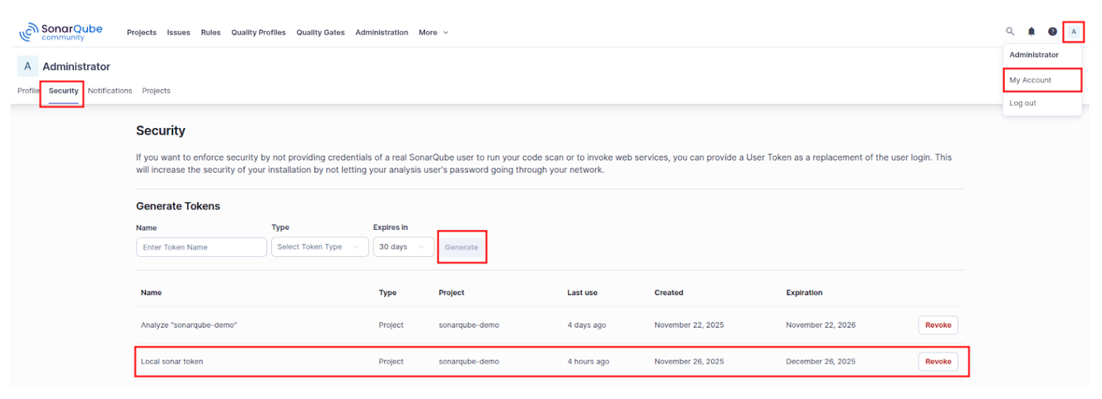Local SonarQube manual token generation
