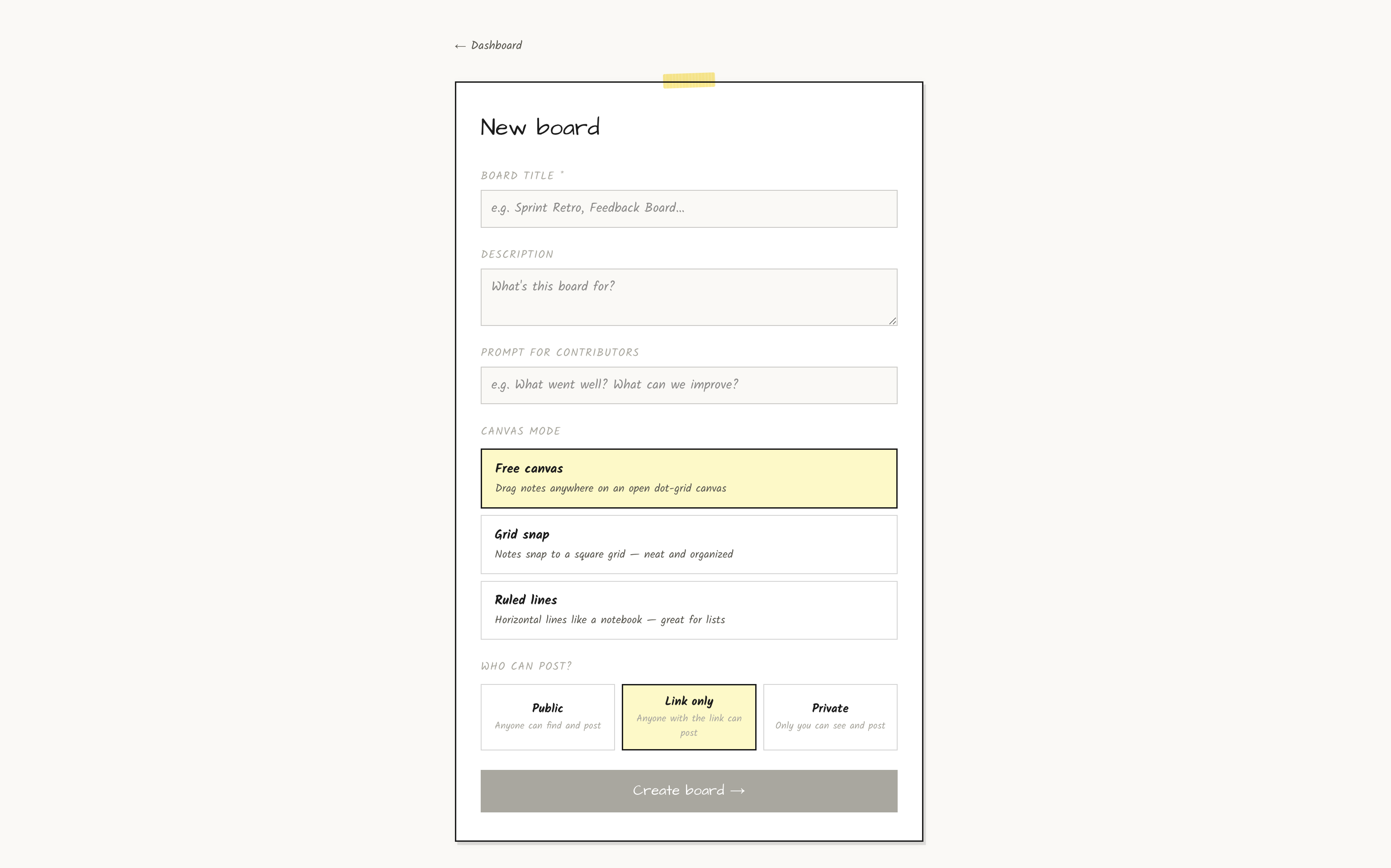 New board creation page