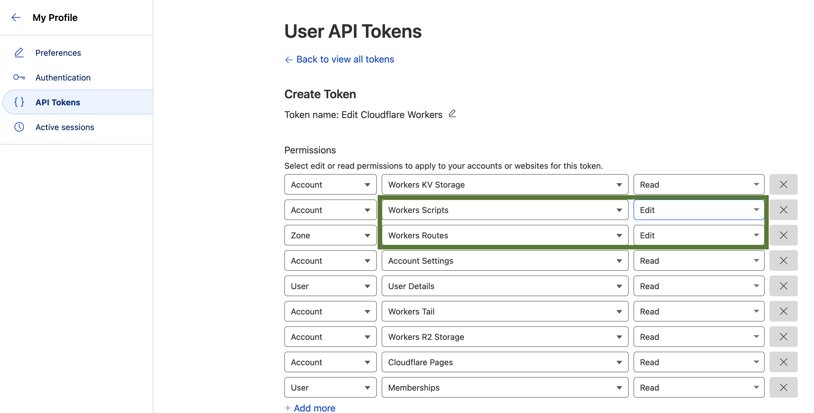 Example of Cloudflare API token permissions to manage Worker resources