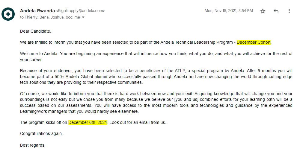 ATLP acceptance email