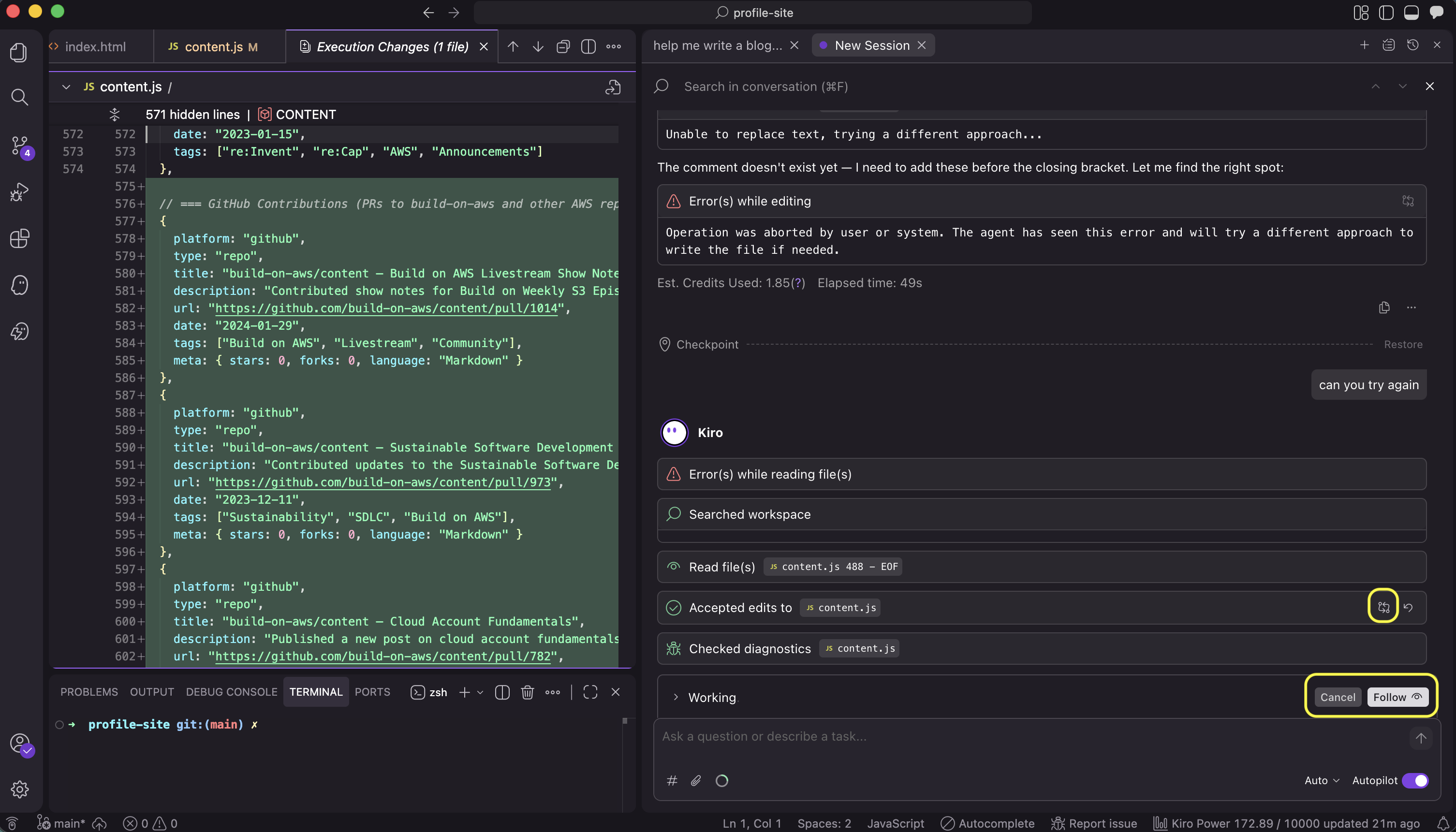 Screenshot: Explorer view showing file changes / diff view Follow-file-changes